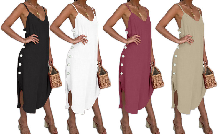 NEW-Sling button solid color fashion dress-3001LA