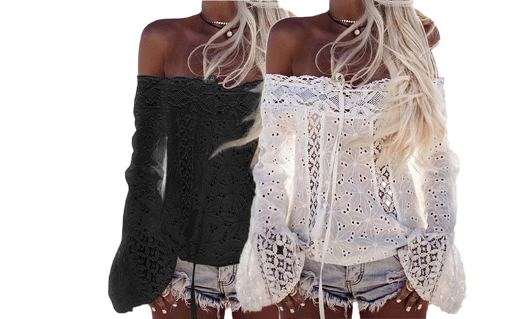 NEW-Off-shoulder flared sleeve embroidered  top-LA