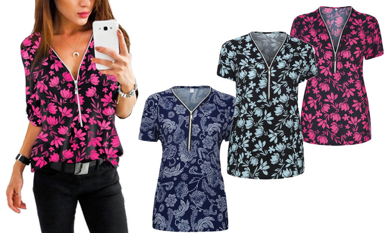 New-V-neck printing pattern with zipper-3013LA