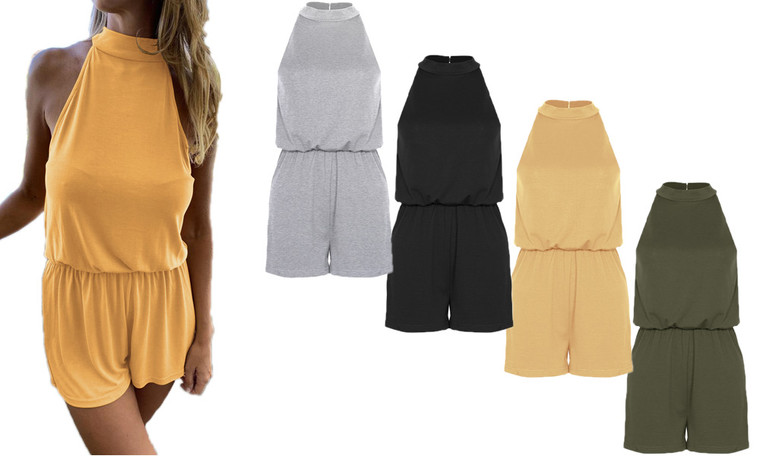 NEW- Halter strapless split open back button jumpsuit-LA