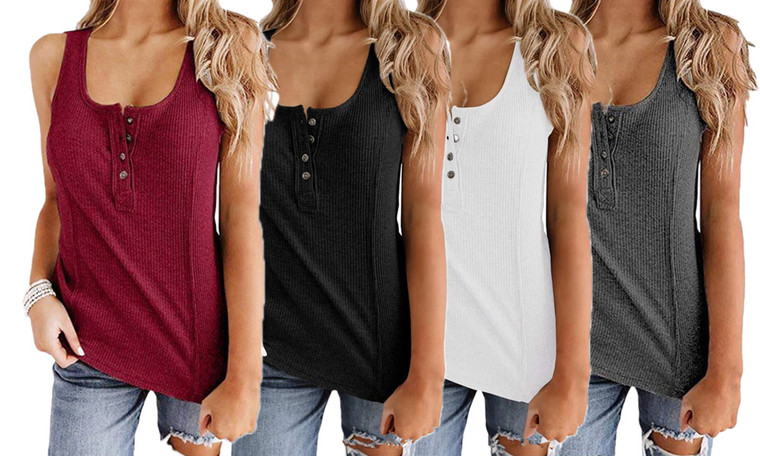 NEW-Tank Tops Button Down Sleeveless Scoop Neck Vest Shirts -1082LA
