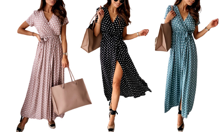 Polka dot split front Maxi Dress-3014la