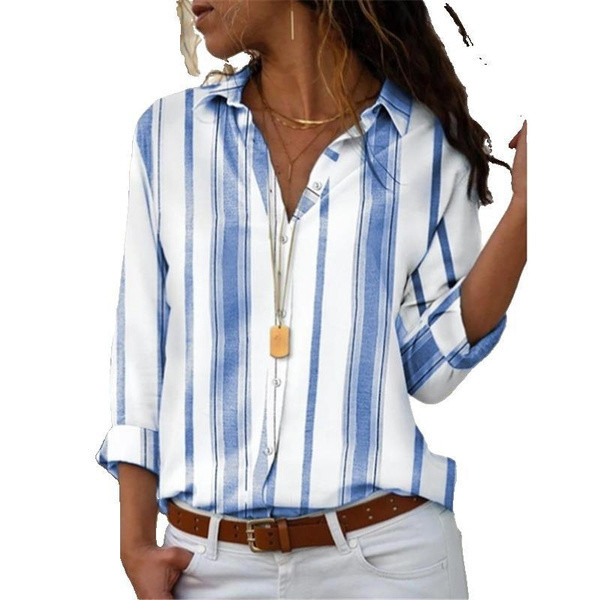 NEW-Women Autumn V Neck Stripe Casual Long Sleeves Tops Loose Plsu Size Print Shirt0065-LA