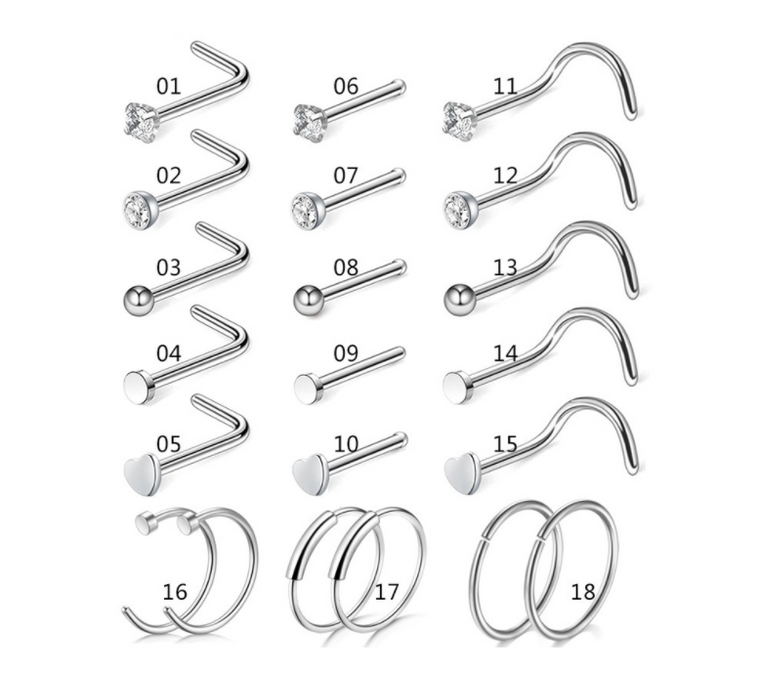 new-21Pcs Nose Rings Set Bone Screw L Shaped Nose Studs Tragus Cartilage Nose Ring Hoop Stainless Steel Nose Piercing Jewelry 