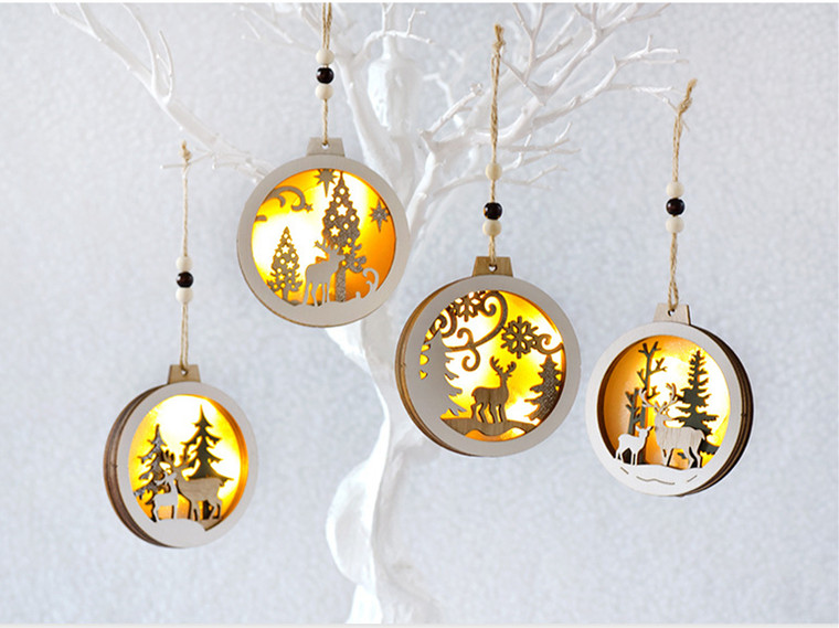 2021 Wooden Chrismtas Reindeer Engraved LED light ornament pk of 2-3063la