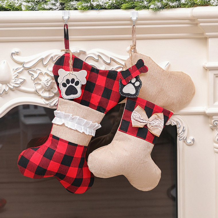 NEW-Plaid Large Bone Shape Pets Stockings0108-LA
