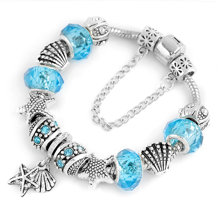 NEW-Ocean Shell Blue Crystal Glass Chain Bangle0168-LA