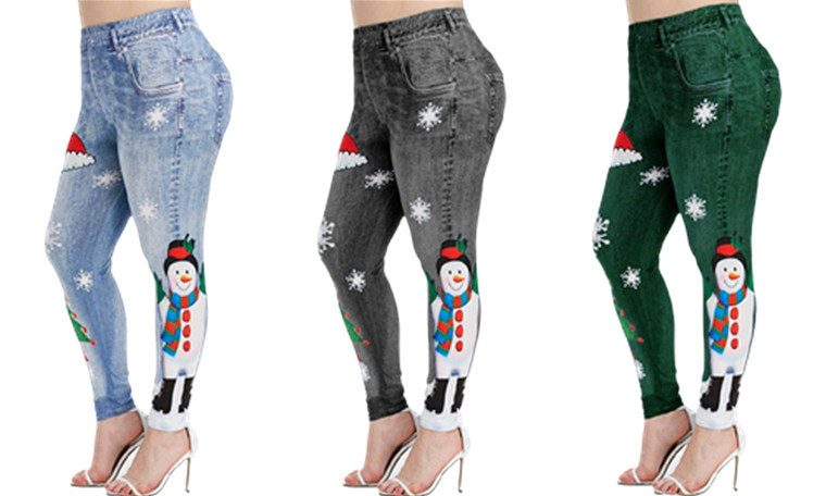 High Waist Snowman Print Christmas themed Jeggings-LA
