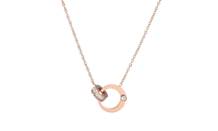 NEW necklace women's rose gold double ring diamond clavicle chain 0306  LA