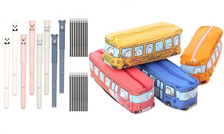 NEW-Small animal bus pencil case and Erasable Pen Set -LA
