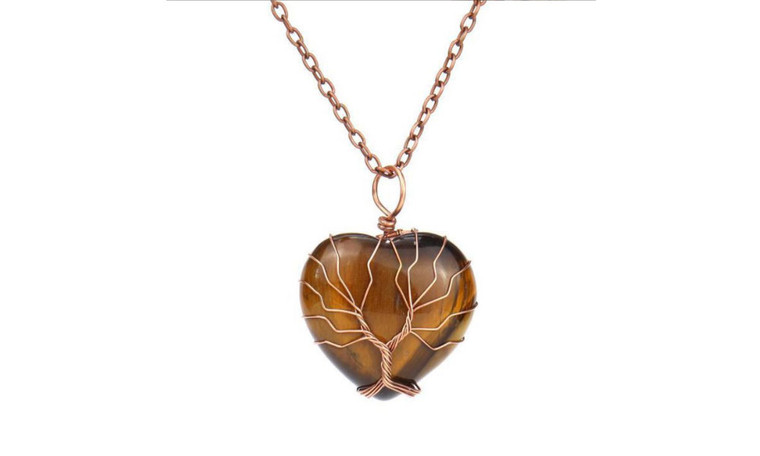 NEW Hand-Wound Peach Heart Natural Stone Heart-Shaped Tree of Life Necklace  0248