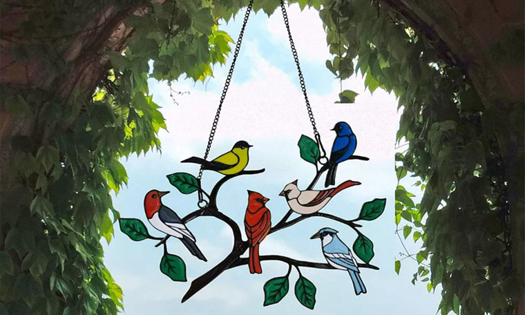 Birds on Branch Stained Glass Effect Hanging Decoration 
