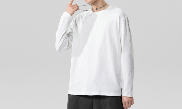 NEW Cotton men's long-sleeved t-shirt spring and autumn loose pure white bottoming shirt   5071  LA