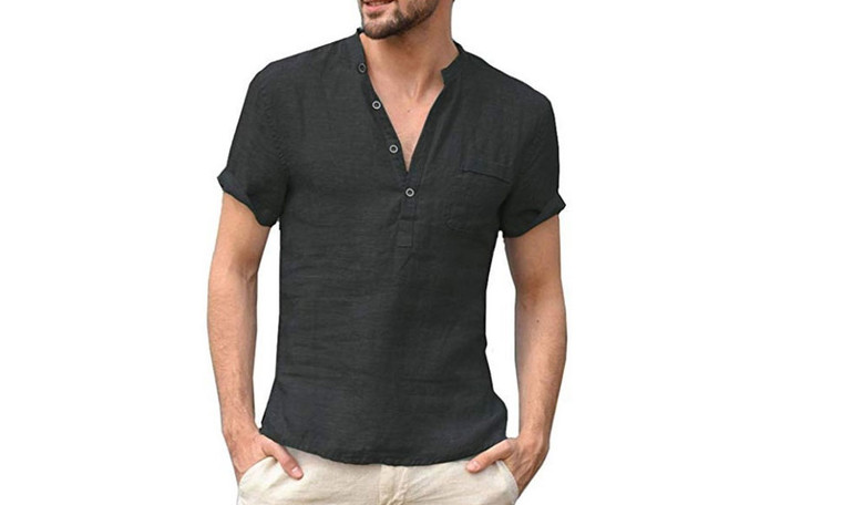 NEW  Men's T-Shirt Stand Collar Button Half Open Placket Simple Short Sleeve  5181