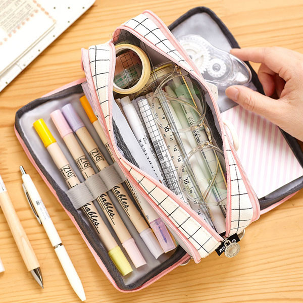 NEW Canvas double window stationery box student large capacity pencil case pencil case  5277