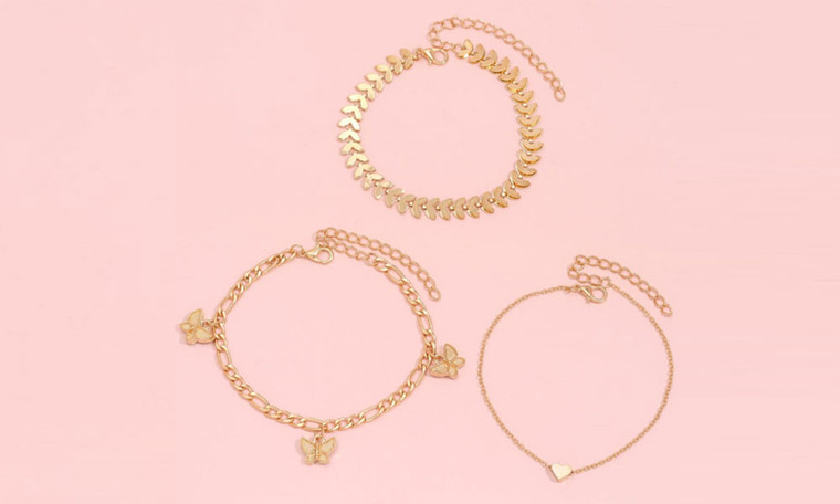 NEW Personality Butterfly 3-Piece Set Foot Ornament Fish Bone Chain Love Pendant Anklet 5295