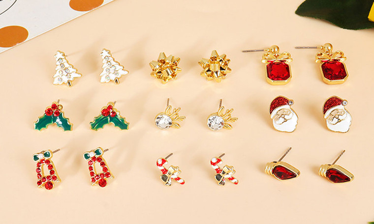 NEW 9 Piece Earrings Elk Gift Stick Butterfly Christmas Tree Old Man Earrings Christmas Stud Earrings Set  5401
