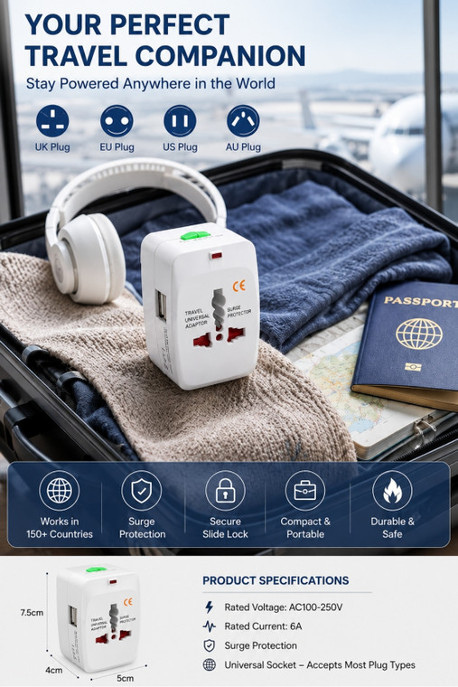 Universal Travel Adapter Worldwide Plug Converter with Surge Protection