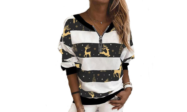 NEW   Zip Pullover V Neck Christmas Deer Print Women's Long Sleeves 5504
