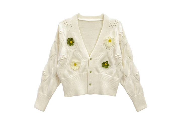 NEW Women Autumn Handmade Flower V-Neck Knit Cardigan 5557