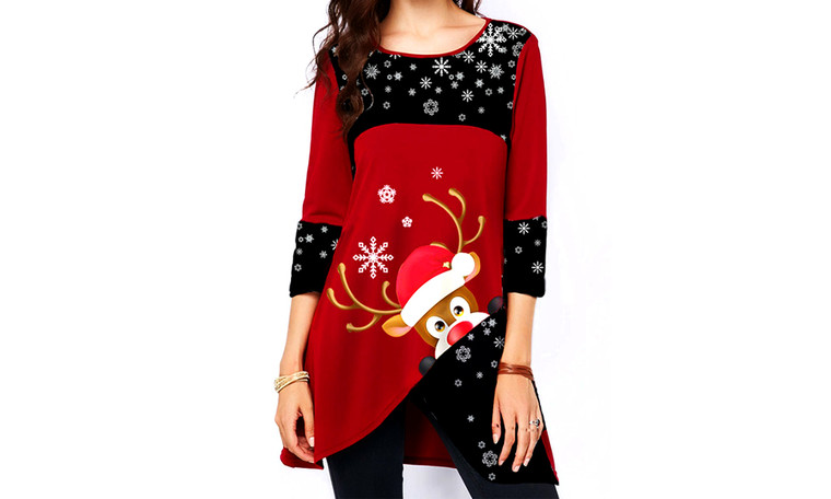 NEW Long Sleeve Crew Neck Christmas Snowflake Elk Print Women's Dress 5582