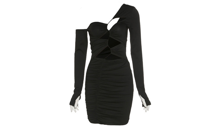 NEW Oblique Shoulder Long Sleeve Sexy Hollow Slim Fit Hip Dress 5658