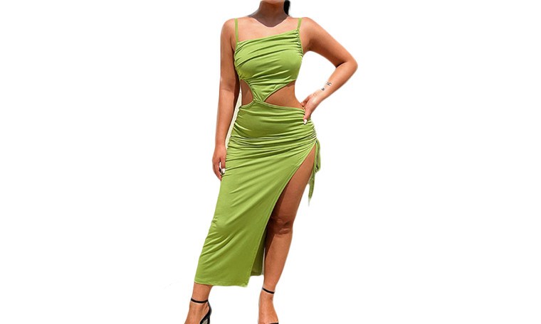 NEW Sexy shrink pleated sloping shoulder hollow irregular solid color dress 5677