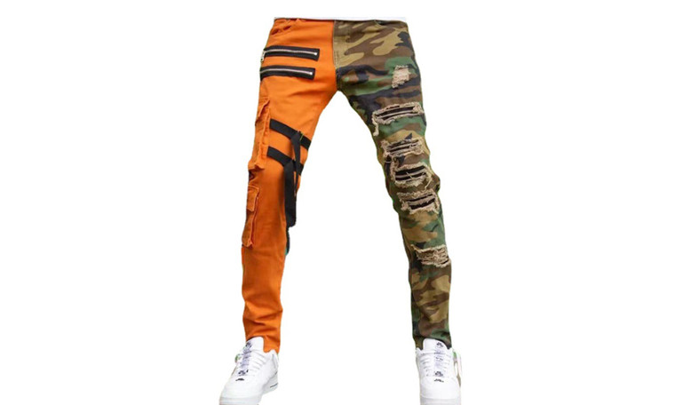 NEW Men Camo Ribbed Ribbon Workwear Colorblock Washed Slim Fit Straight Denim Trousers 5680