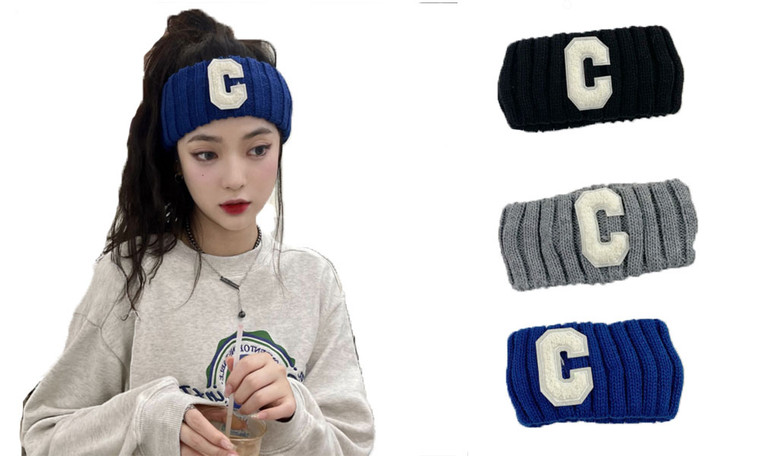 NEW 2PC autumn and winter double-layer thickened warm couple letter C wide-brimmed knitted headband 5778