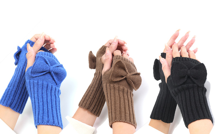 NEW Autumn & Winter Bow Knitted Woolen Warm Half Finger Open Finger Gloves  5799  la