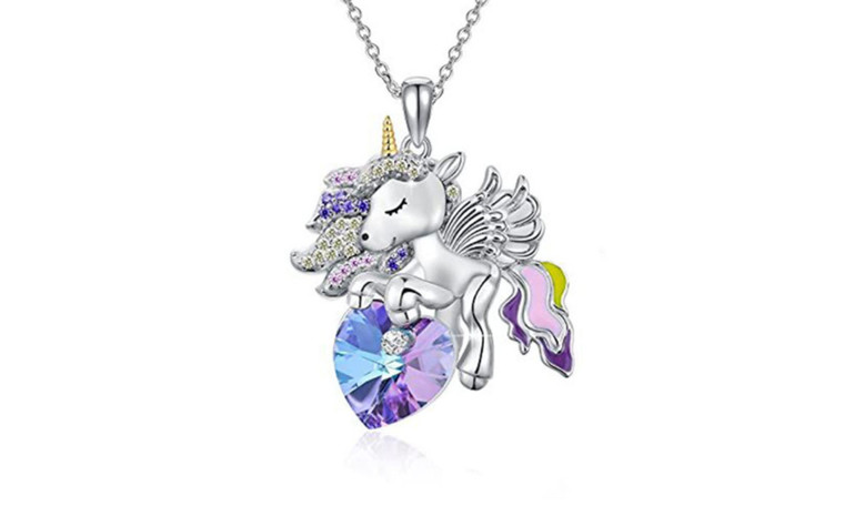 NEW Unicorn heart necklace with seven coloured diamonds 6034