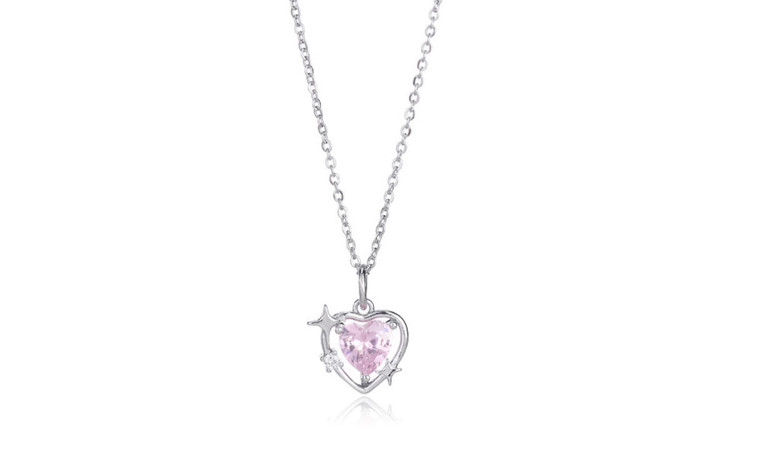 NEW   Pink Love Necklace Female Heart Zircon Pendant Collar Chain  6068