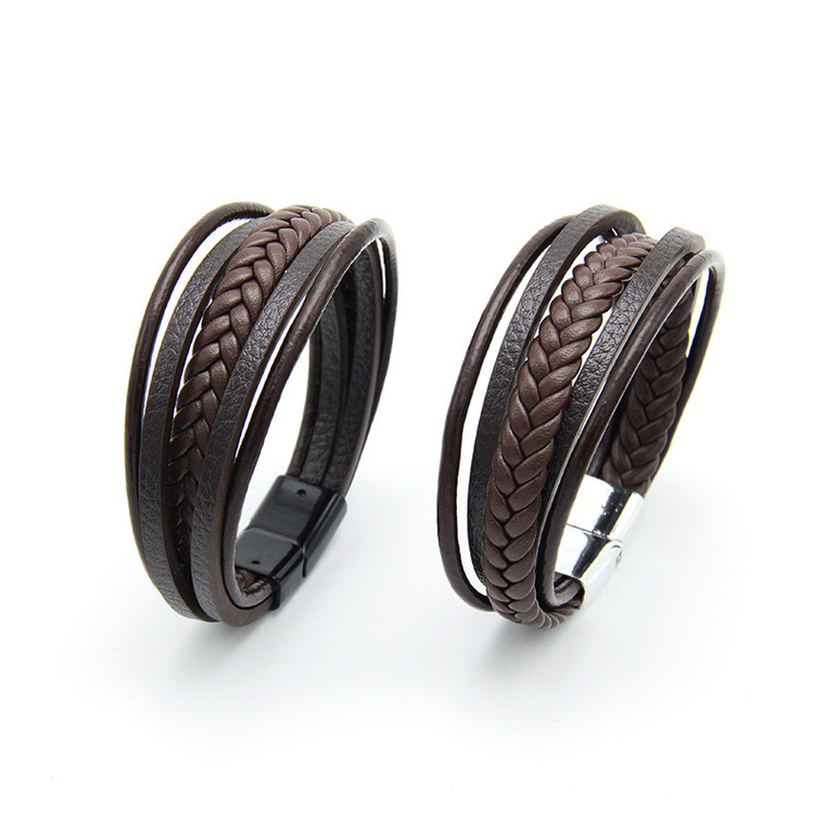 New-Leather Unisex Cuff Wrap Bracelet Multi-Layer Magnetic Clasp Rope Wristband6132