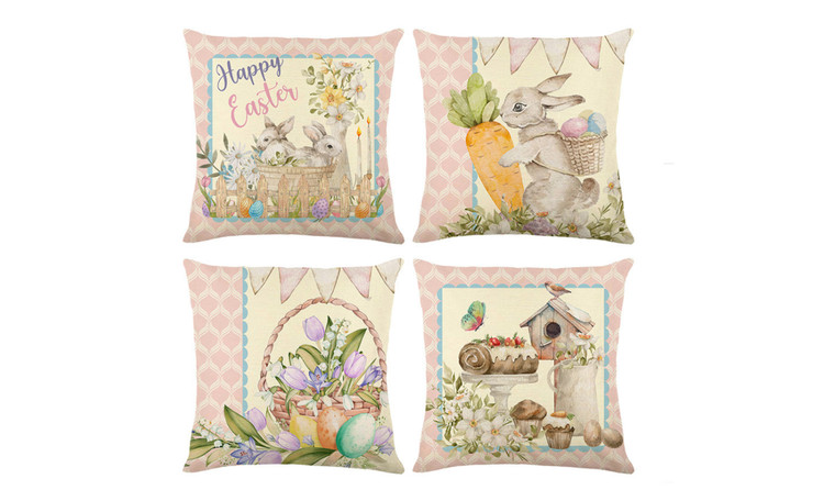 2302 NEW 4PC Easter linen pillowcase rabbit egg pattern pink 6159