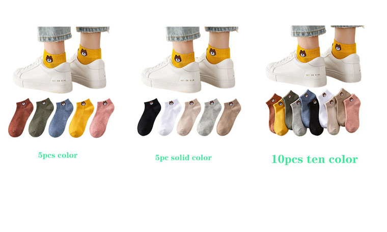 2302  NEW   5pcs-10pcs Spring and summer socks Ten color cartoon bear female socks Shallow invisible socks Breathable boat socks  6321