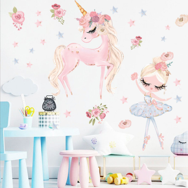 2303 NEW Cartoon lavender unicorn ballet star flower wall sticker  6364