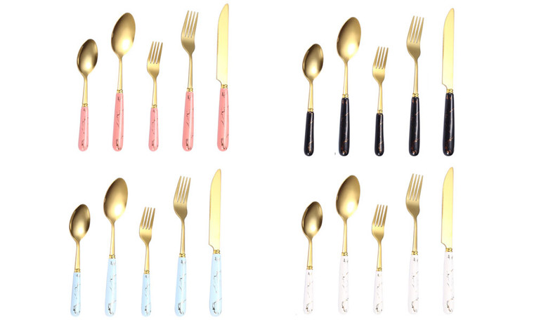 2303  NEW  Stainless steel ceramic imitation wood imitation marble knife, fork, spoon, fork, five-piece set  6371