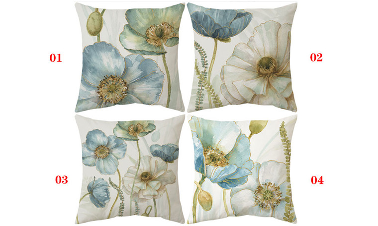 2303  NEW    4PC Retro Watercolor Blue Flower Throw Pillow Cover  6713