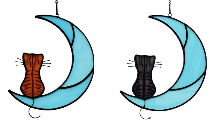 2303  NEW Cat Suncatchers for Windows,Handcrafted Cat Stained Window Hanging,Stained Glass Cat on Moon for Cat Lovers 6724