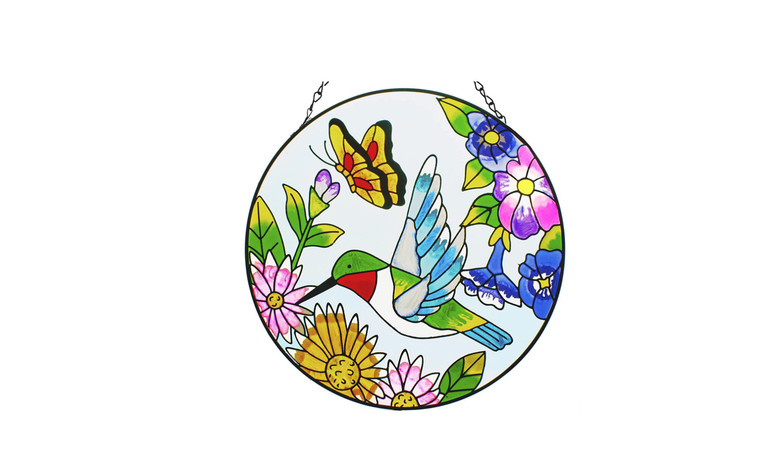 2304 NEW Circular hummingbird butterfly color printed glass window pendant 6411