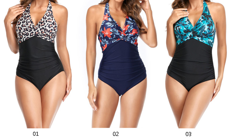 2304 NEW Spliced chest cross neck strap one piece swimsuit 6664