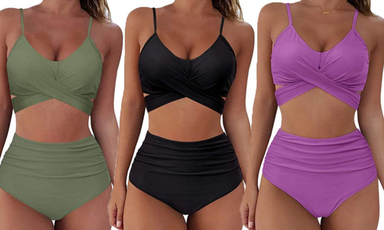 2304 NEW Solid color cross tie high waisted swimsuit split two-piece set 6694