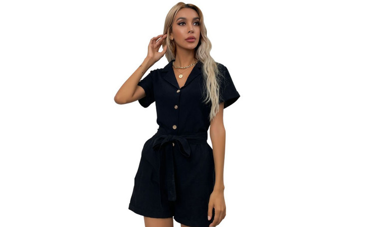 2304  NEW  Summer jumpsuit shorts Solid color waistband loose fitting black V-neck jumpsuit  6728