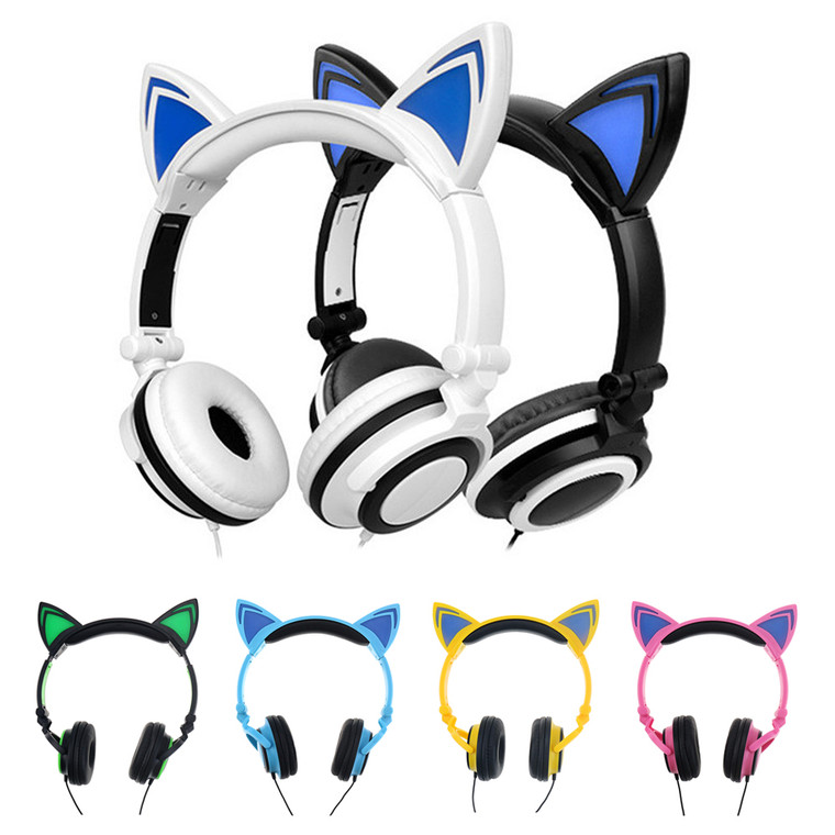 Foldable Flashing Glowing cat ear headphones Gaming Headset Earphone with LED light For PC Laptop Computer Mobile Phone