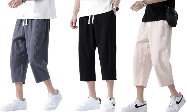2304  Men's summer thin loose cotton linen straight leg pants capris 6803