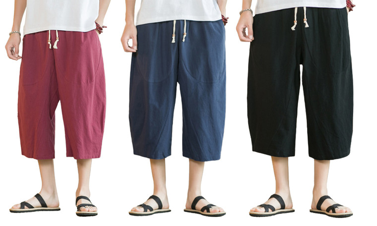 2304  Men's loose oversized cotton and linen capris casual wide leg pants 6804