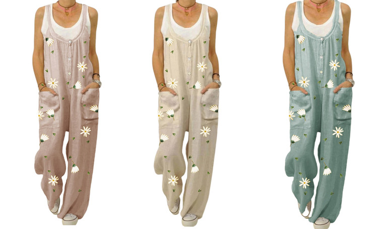 2304  NEW Flower printed shoulder straps for women's casual pants Loose oversized women's jumpsuit 6816