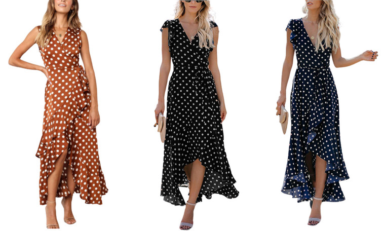 2304  NEW Polka dot V-neck printed ruffle edge cross skirt 6817