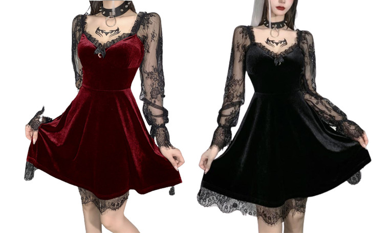 2304  NEW Dark Sexy Lace Spliced Chest Flare Long Sleeve Dress 6844