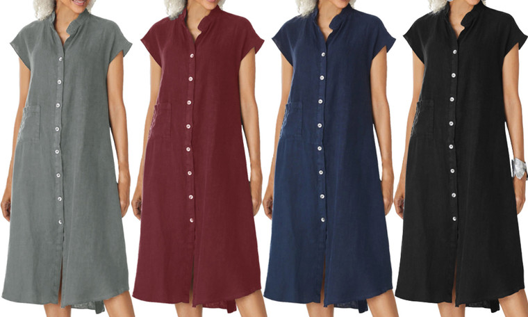 2304  NEW Cardigan stand up collar single breasted cotton linen pocket dress petticoat 6851